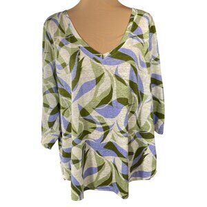 Nicole Miller Linen Top Size 1X Green Blue V-Neck 3/4 Sleeve
